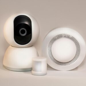 A collection of modern smart home security devices featuring cameras and sensors.